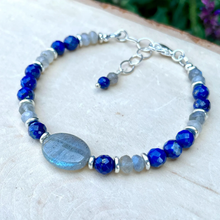 LABRADORITE & LAPIS LAZULI Bracelet, Silver, Adjustable, Clasp, Beaded, Natural Stone Crystal Gemstone