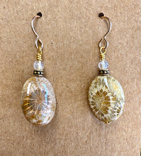 FOSSILIZED CORAL EARRINGS, Choice, Dangle, 14K Gold Filled Wires, Clear Quartz, Agatized Coral, Genuine Natural Stone Gemstone