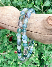 MOSS AGATE BRACELET w/Leaf Beads, Silver, Stretch, Natural Stone, Green Gemstone Crystal, Earthy