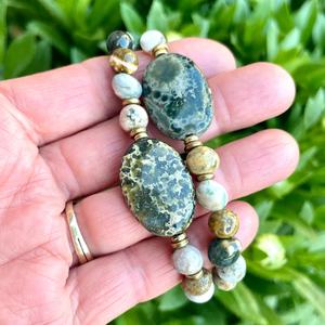 OCEAN JASPER BRACELET with Antiqued Brass, Choice, Adjustable Clasp 7"-8", Beaded Natural Stone Gemstone Crystal