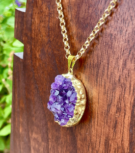 AMETHYST DRUZY PENDANT Necklace, Choice, Deep Purple, Gold Chain 16"-22", Natural Stone Chunky Crystal Gemstone
