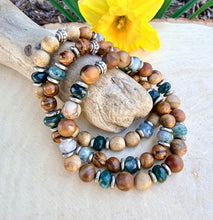 MOSS AGATE & WOOD Bracelet, Choice, Petrified Wood, Natural or Tiger Skin Sandalwood, Silver, Stretch, Earthy Green Gemstone