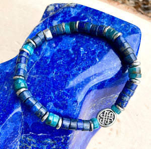 LAPIS LAZULI & APATITE Celtic Knot Bracelet, Beaded Stretch, Blue Green Natural Stone, Gemstone Crystal