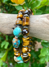TURQUOISE & TIGER'S EYE Bracelet, Choice, with Silver, Stretch Beaded, Genuine Dragon Skin Turquoise, Gemstone Crystal Stone