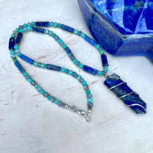 LAPIS LAZULI NECKLACE with Chrysocolla, Labradorite & Silver, Beaded, 18", Natural Stone Crystal Gemstone Pendant