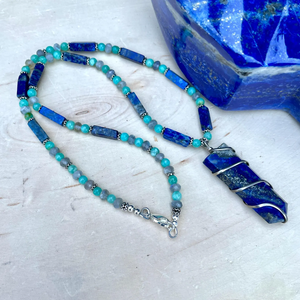 LAPIS LAZULI NECKLACE with Chrysocolla, Labradorite & Silver, Beaded, 18", Natural Stone Crystal Gemstone Pendant