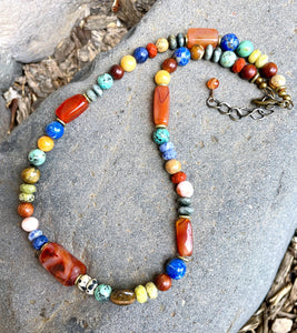 BOHO FIESTA NECKLACE & Bracelet Set, featuring Carnelian Agate + other Gemstones, Antiqued Brass Adjustable Chain, Crystal Natural Stone