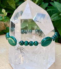 MALACHITE & SILVER BRACELET Beaded Stretch, Emerald Green Crystal Natural Stone Gemstone