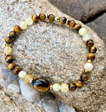 TIGER'S EYE & Honey CALCITE Bracelet with Gold, Stretch Beaded, Gemstone Crystal Stone