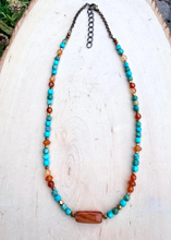CARNELIAN AGATE & TURQUOISE Necklace, 20-22", Antiqued Brass Adjustable Chain, Genuine Natural Stone, Gemstone