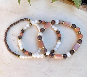 MOONSTONE BRACELET STACK, Rainbow, Chocolate, Peach, with Gold Accents, Natural Stone, Gemstone Crystal, Set of 3 Stretch Bracelets