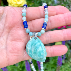 AMAZONITE PENDANT NECKLACE with Lapis Lazuli & Labradorite, Beaded, 20", Natural Stone Crystal Gemstone Pendant, Silver Chain