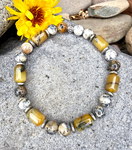 South African DENDRITIC & YELLOW OPAL Bracelet, Stretch, Natural Stone Beaded Gemstone Crystal, Men or Women