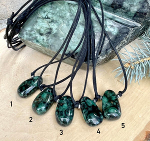 EMERALD PENDANT NECKLACE, Choice, 14"-22" Adjustable Black Cotton Cord, Brazil Natural Stone, Gemstone Crystal