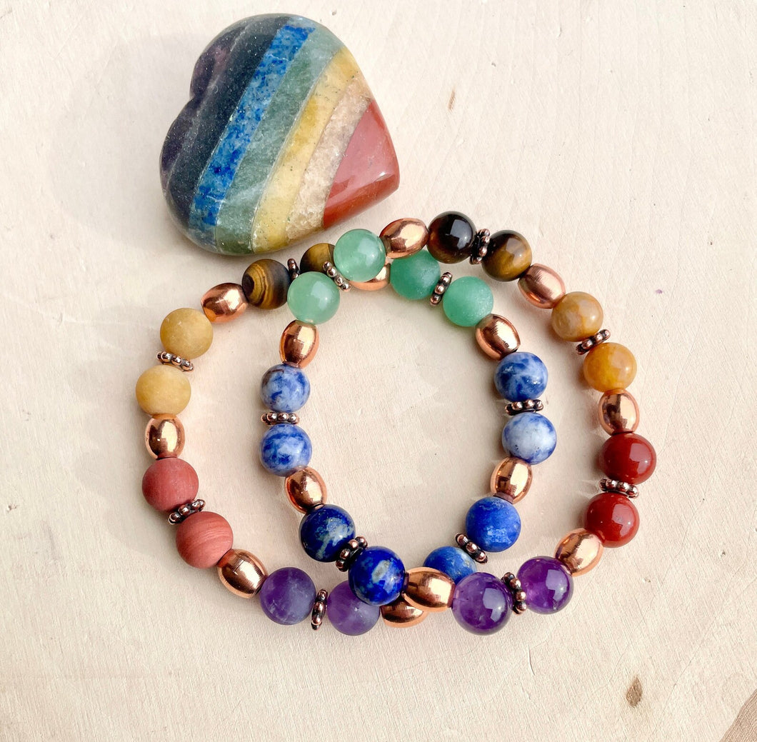 7 CHAKRAS BRACELET with COPPER, Beaded Stretch, Natural Stone Gemstone, Healing Crystals