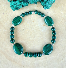 MALACHITE & SILVER BRACELET Beaded Stretch, Emerald Green Crystal Natural Stone Gemstone