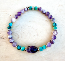 TURQUOISE & CHEVRON AMETHYST Bracelet, Stretch, 5-6mm + Oval, Beaded, Silver, Genuine Natural Stone Gemstone Crystal