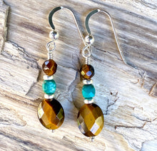 TIGER'S EYE & TURQUOISE Earrings, Choice, Silver, Dangle, Genuine, Crystal Natural Stone Gemstone