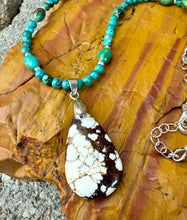 GENUINE TURQUOISE NECKLACE with Wild Horse Jasper Pendant, Beaded, Silver, Adjustable 18"-20"a