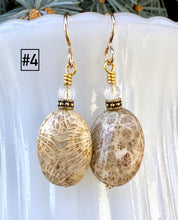 FOSSILIZED CORAL EARRINGS, Choice, Dangle, 14K Gold Filled Wires, Clear Quartz, Agatized Coral, Genuine Natural Stone Gemstone