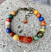 BOHO FIESTA NECKLACE & Bracelet Set, featuring Carnelian Agate + other Gemstones, Antiqued Brass Adjustable Chain, Crystal Natural Stone