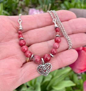 NORWEGIAN THULITE HEART Necklace, Oxidized Silver Chain, 15", 16", 18" Choice, Natural Norway Pink Stone Gemstone Crystal