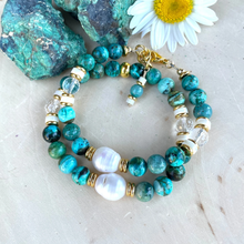 CHRYSOCOLLA BRACELET, Choice Clasp or Stretch, AAA Arizona Gemstone, Gold Accents, Pearl, Clear Quartz, Crystal Natural Stone