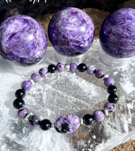 CHAROITE & BLACK TOURMALINE Bracelet, Beaded, Stretch, Natural Stone Gemstone Crystal