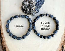 LARVIKITE & BLACK OBSIDIAN Stone Bracelet, Choice, Natural Norway Norwegian Gemstone, Beaded, Men's, Unisex