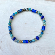 LAPIS LAZULI BRACELET with Azurite Chrysocolla, Labradorite & Pyrite, Beaded, Stretch, Natural Stone Crystal Gemstone, Blue Green