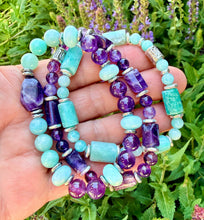 PERUVIAN AMAZONITE & AMETHYST Bracelet Stack, Natural Stone Gemstone Crystal, Stretch Beaded