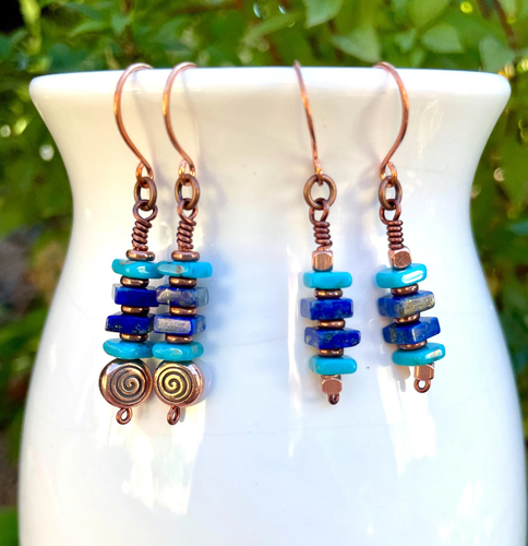 KINGMAN TURQUOISE EARRINGS with Lapis Lazuli and Copper, Dangle, Genuine, Crystal Natural Stone Gemstone