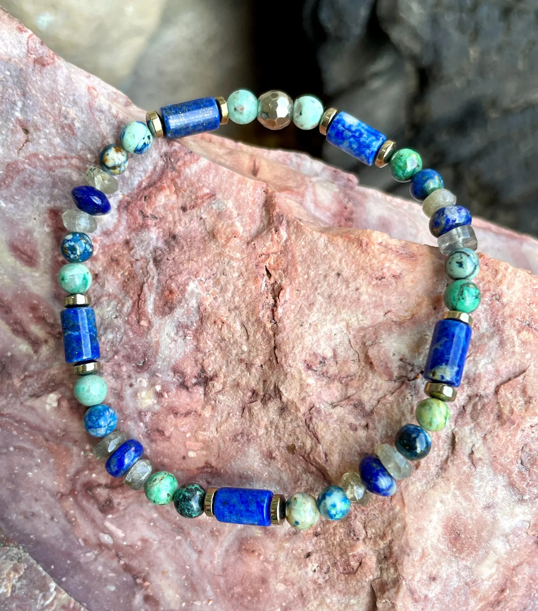 LAPIS LAZULI BRACELET with Azurite Chrysocolla, Labradorite & Pyrite, Beaded, Stretch, Natural Stone Crystal Gemstone, Blue Green