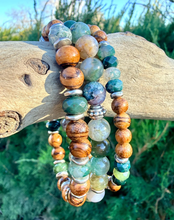 MOSS AGATE & SANDALWOOD Bracelet Stack, Silver, Stretch, Genuine Natural Green Gemstone, Wood, Crystal, Earthy Stone