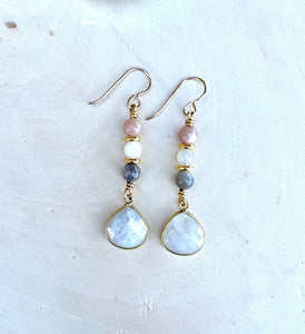 MULTI-MOONSTONE DANGLE Earrings, with Rainbow, Peach & Chocolate Moonstone Wire Wrapped Beads, 14K Gold Filled, Natural Stone, Dangling