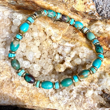 TURQUOISE & BRASS BRACELET, Blue Green, Stretch Beaded, Genuine, Crystal Natural Stone Gemstone, Small Bead