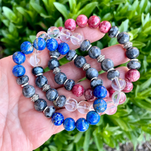 THULITE, LAPIS LAZULI & Clear Quartz Bracelet Stack, with Larvikite and Silver, 10mm Beaded, Stretch, Genuine Natural Stone Gemstone