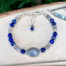 LABRADORITE & LAPIS LAZULI Bracelet, Silver, Adjustable, Clasp, Beaded, Natural Stone Crystal Gemstone
