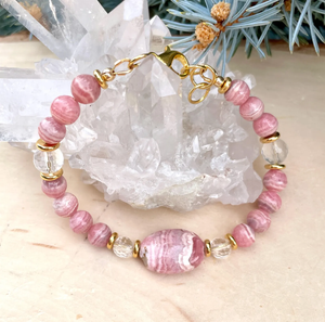 RHODOCHROSITE BRACELET with Clear Quartz & Gold Accents, Adjustable Clasp, Beaded, Pink Natural Stone Crystal Gemstone