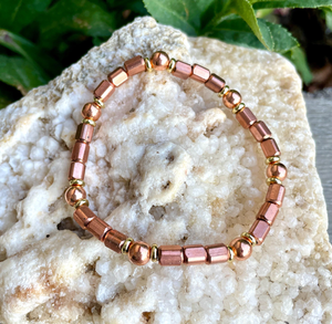 COPPER BEAD BRACELET, with Gold Accents, Stretch, Beaded, 6"-8.5", Healing Mineral