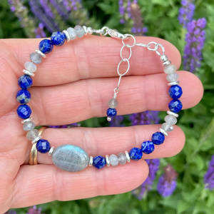LABRADORITE & LAPIS LAZULI Bracelet, Silver, Adjustable, Clasp, Beaded, Natural Stone Crystal Gemstone