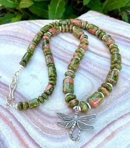 DRAGONFLY UNAKITE NECKLACE, Sterling Silver, 20", Beaded, Natural Stone Gemstone Crystal Jewelry