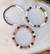 MOONSTONE BRACELET STACK, Rainbow, Chocolate, Peach, with Gold Accents, Natural Stone, Gemstone Crystal, Set of 3 Stretch Bracelets