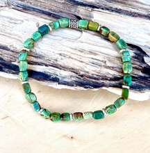 TURQUOISE SILVER BRACELET Green, Stretch, Minimalist, Beaded, Genuine, Crystal Natural Stone Gemstone, Small Bead