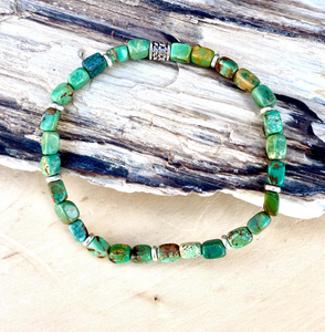 TURQUOISE SILVER BRACELET Green, Stretch, Minimalist, Beaded, Genuine, Crystal Natural Stone Gemstone, Small Bead