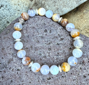 BLUE CHALCEDONY BRACELET with Silver, Namibia Natural Stone, Golden Matrix, 8mm Stretch Beaded Gemstone Crystal
