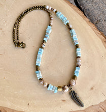 Nevada Dry Creek TURQUOISE NECKLACE with Opalized Petrified Wood & Feather, 16", 18", 20" Genuine, Crystal Natural Stone Gemstone