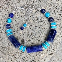 SODALITE & KINGMAN TURQUOISE Bracelet, Silver, Adjustable, Clasp, Beaded, Natural Stone Crystal Gemstone