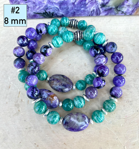 CHAROITE & AMAZONITE BRACELET, Choice 6mm or 8mm, Russian Natural Stone, Beaded, Stretch, Gemstone Crystal