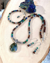 AZURITE CHRYSOCOLLA LABRADORITE Jewelry Set with Black Rosewood & Silver, 20" Necklace, Adj. Bracelet and Earrings, Spiritual Gifts